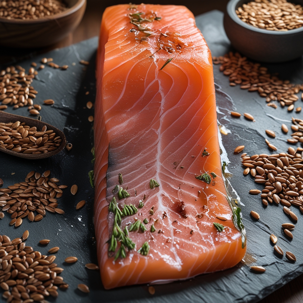 Close-up macro photography of fresh salmon fillet cross-section revealing rich pink flesh with visible fat marbling, surrounded by whole flax seeds on a dark slate background with warm directional studio lighting