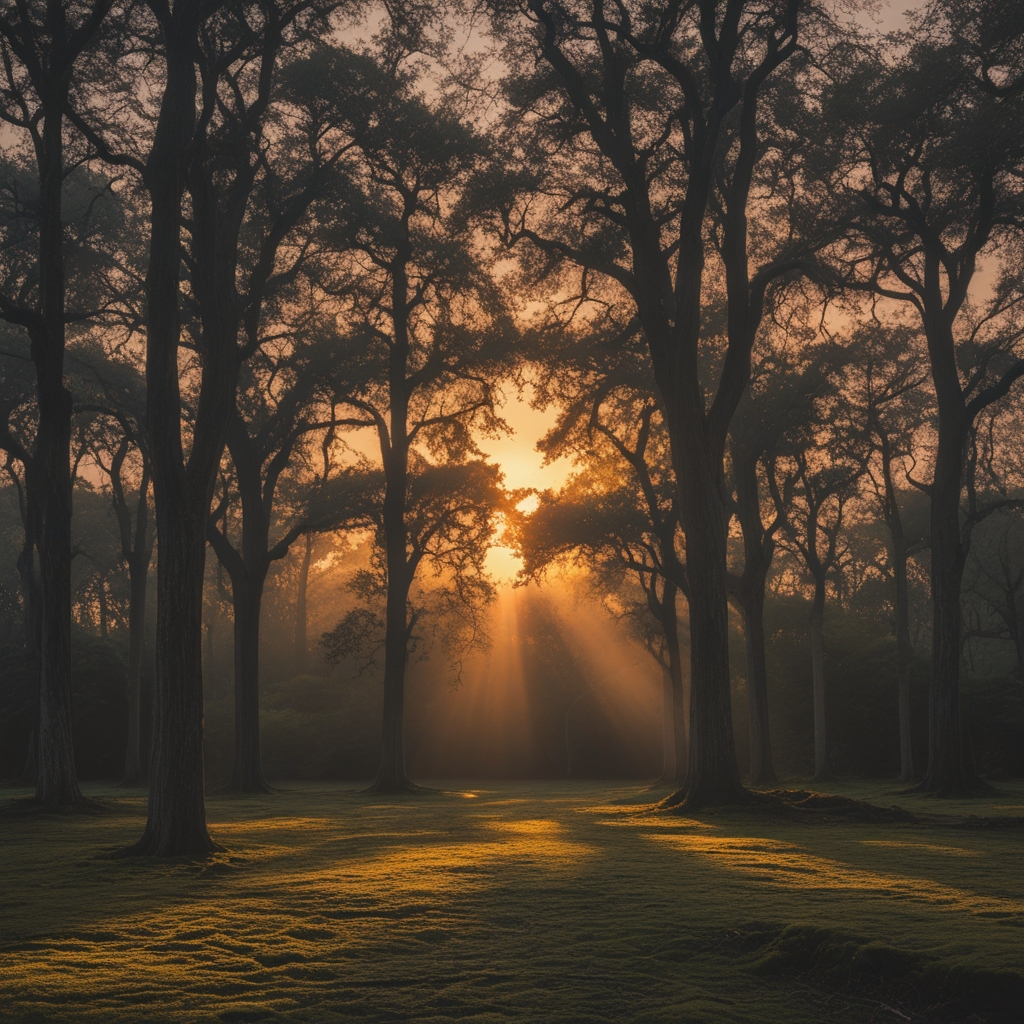 Serene ancient forest at dawn with towering oak trees, shafts of warm golden morning light filtering through dense canopy, moss-covered ground and deep atmospheric shadows creating a contemplative natural landscape