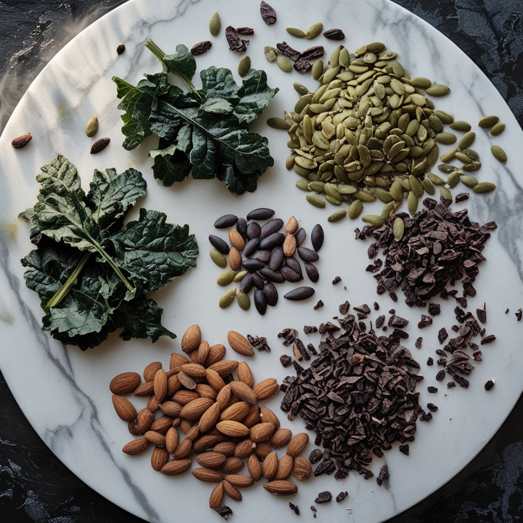 Overhead flat lay of magnesium-rich natural food ingredients including dark leafy greens, pumpkin seeds, almonds, and dark cacao nibs arranged on a white marble surface with natural daylight